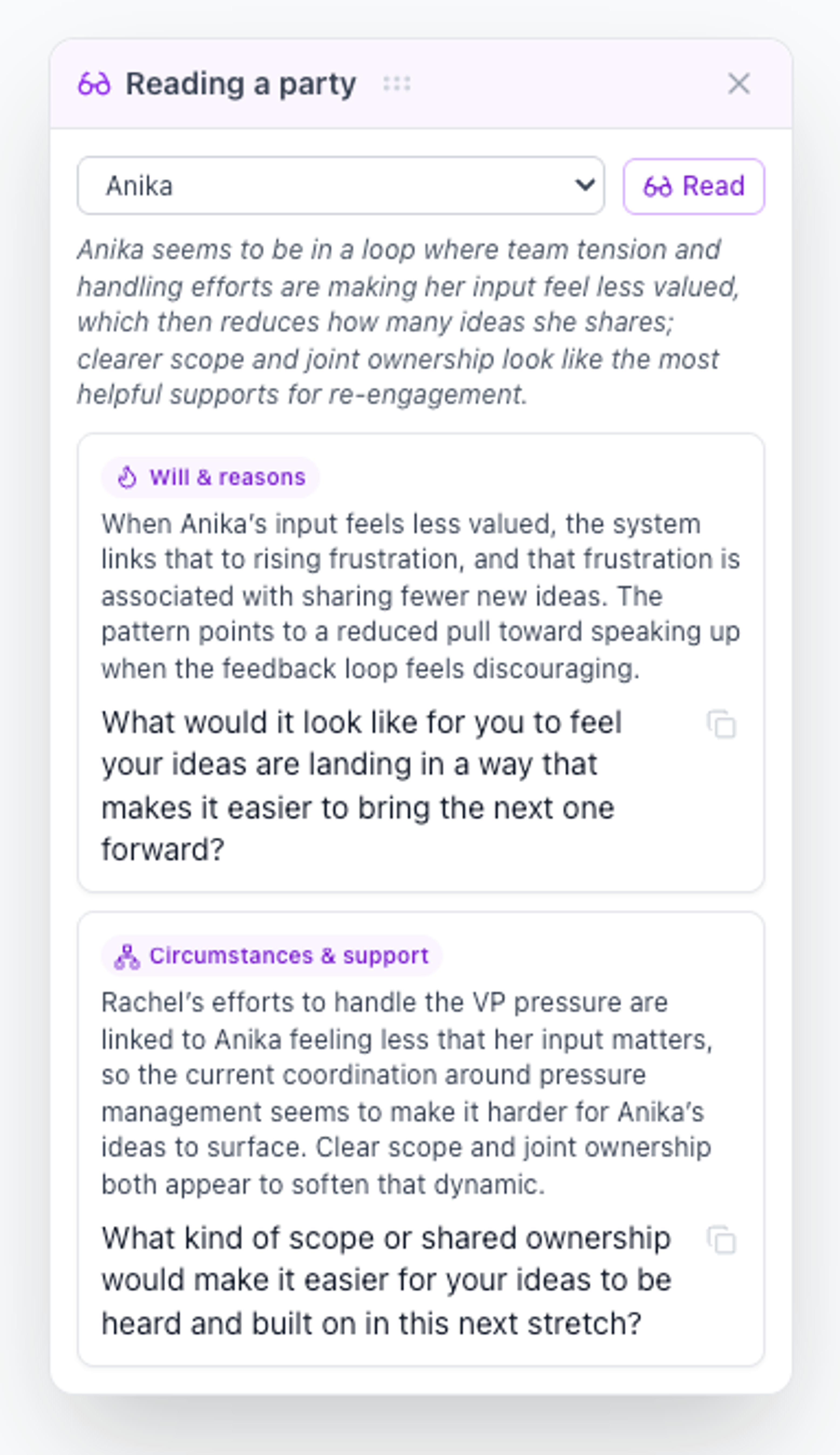 Dynamic Canvas reading a single party: a summary of the loop Anika is caught in, plus tailored will-and-reasons and circumstances-and-support questions.